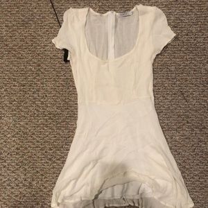 Square neck, white short sleeved mini dress.